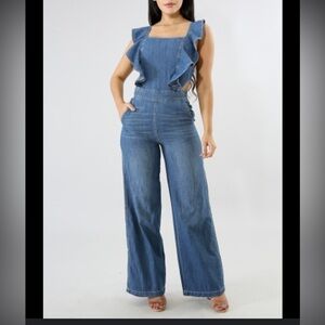 La Vie Rebecca Taylor Drapey Denim Ruffle Jumpsuit with Lace Up Back
